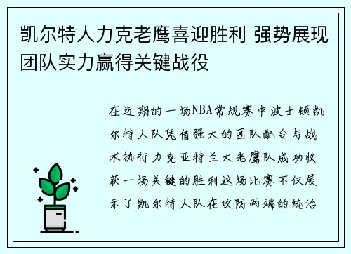 凯尔特人力克老鹰喜迎胜利 强势展现团队实力赢得关键战役